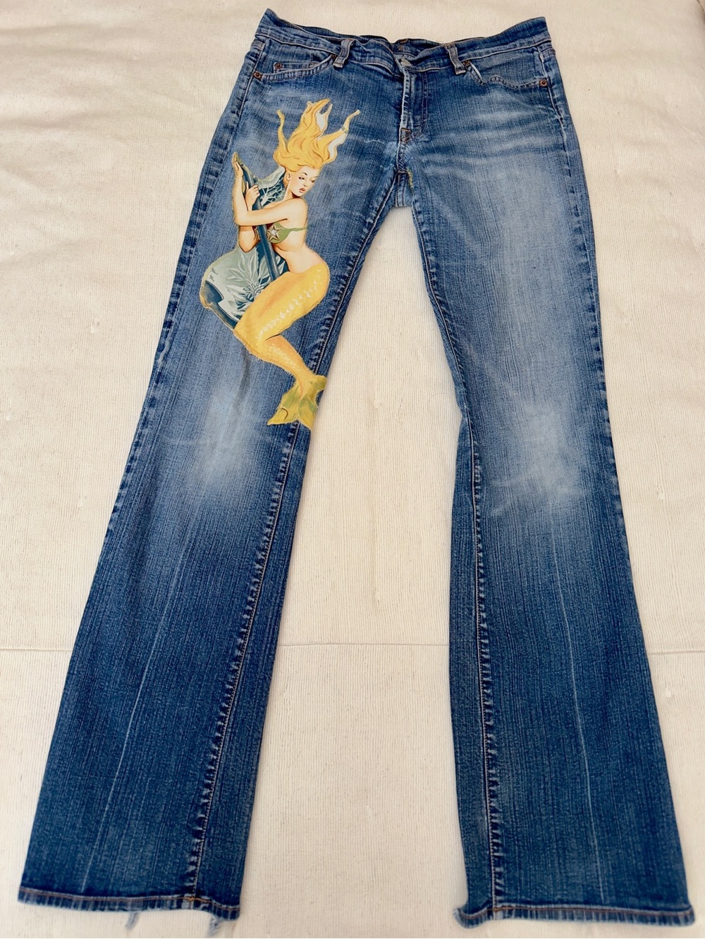 7 For All Mankind Jeans with Mermaid Graphic. One of a kind-custom